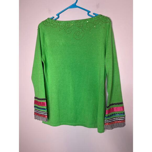 2000s Berek 2 Lime Green Ribbon Stockings Christmas Sparkle Maximalist Sweater M - Picture 7 of 7